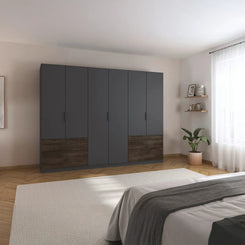 Modern bedroom with a large Kodi Metallic Grey 6 Door Wardrobe with 6 Drawers – W271cm