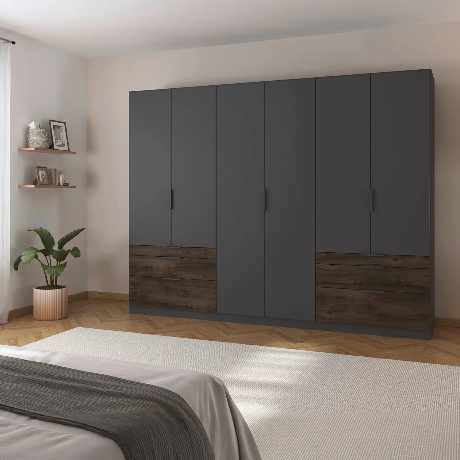 Large 6 Door black wardrobe with drawers in Oak finish Rauch German Wardrobe