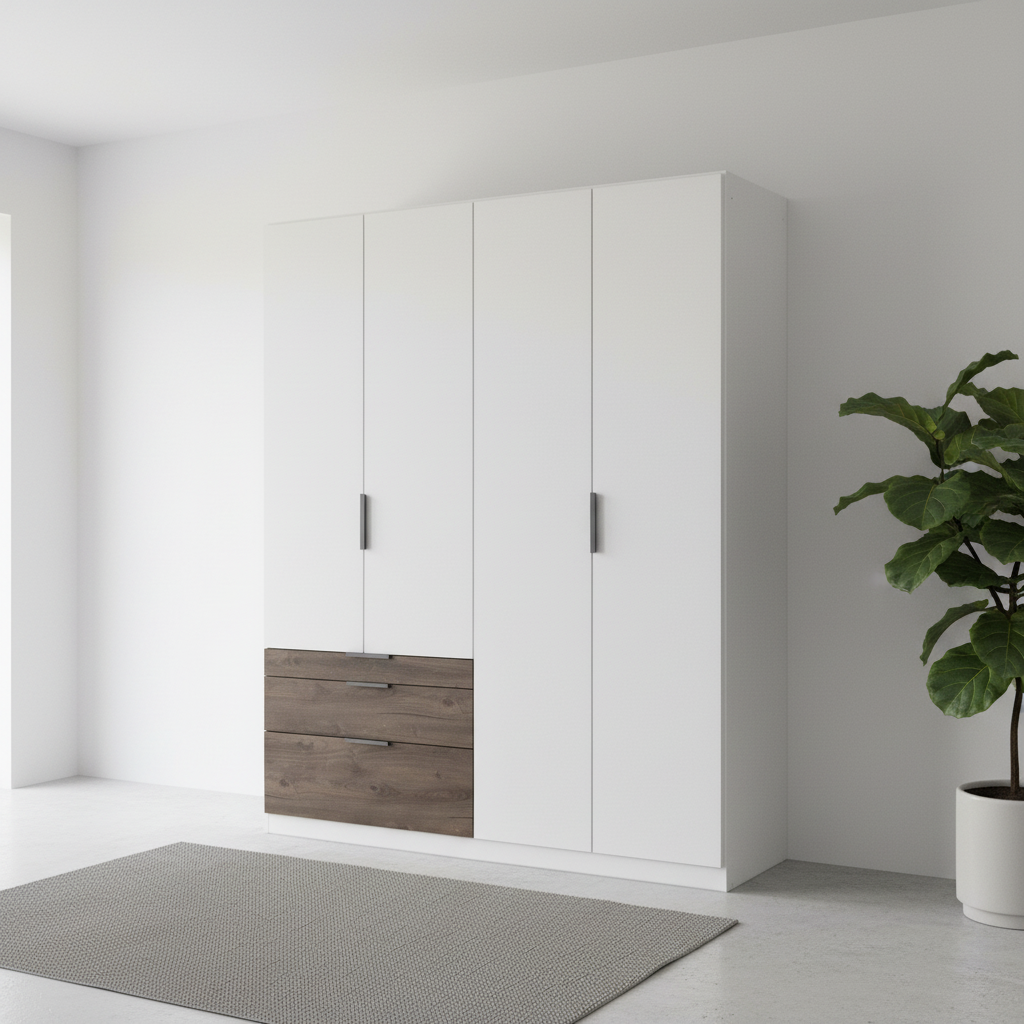 German-made Rauch Kodi 4 door wardrobe in White with three Atlantic Dark Oak drawers, fitted left or right to suit your room. 181cm wide.
