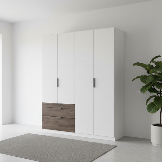 German-made Rauch Kodi 4 door wardrobe in White with three Atlantic Dark Oak drawers, fitted left or right to suit your room. 181cm wide.