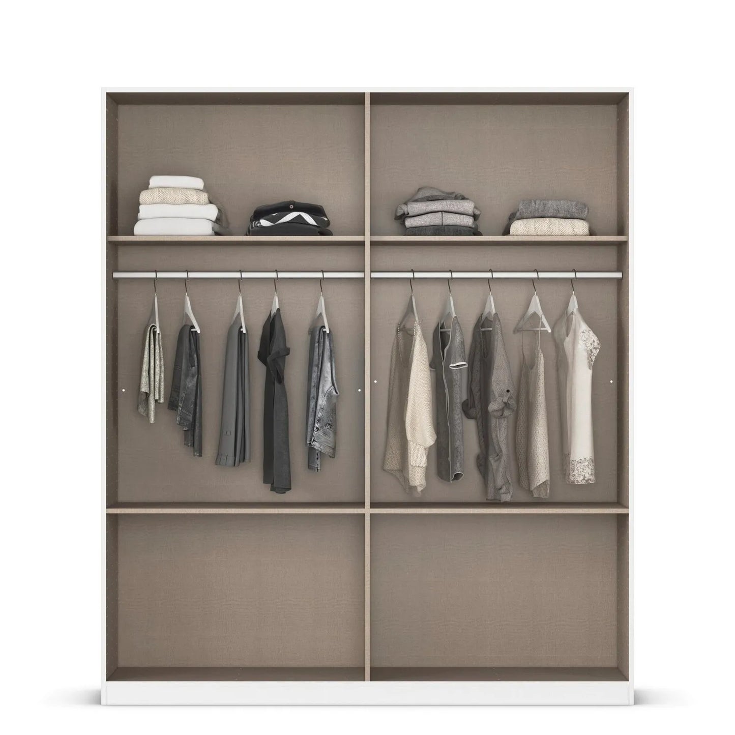 Closet with clothes on hangers and folded items on shelves against a white background