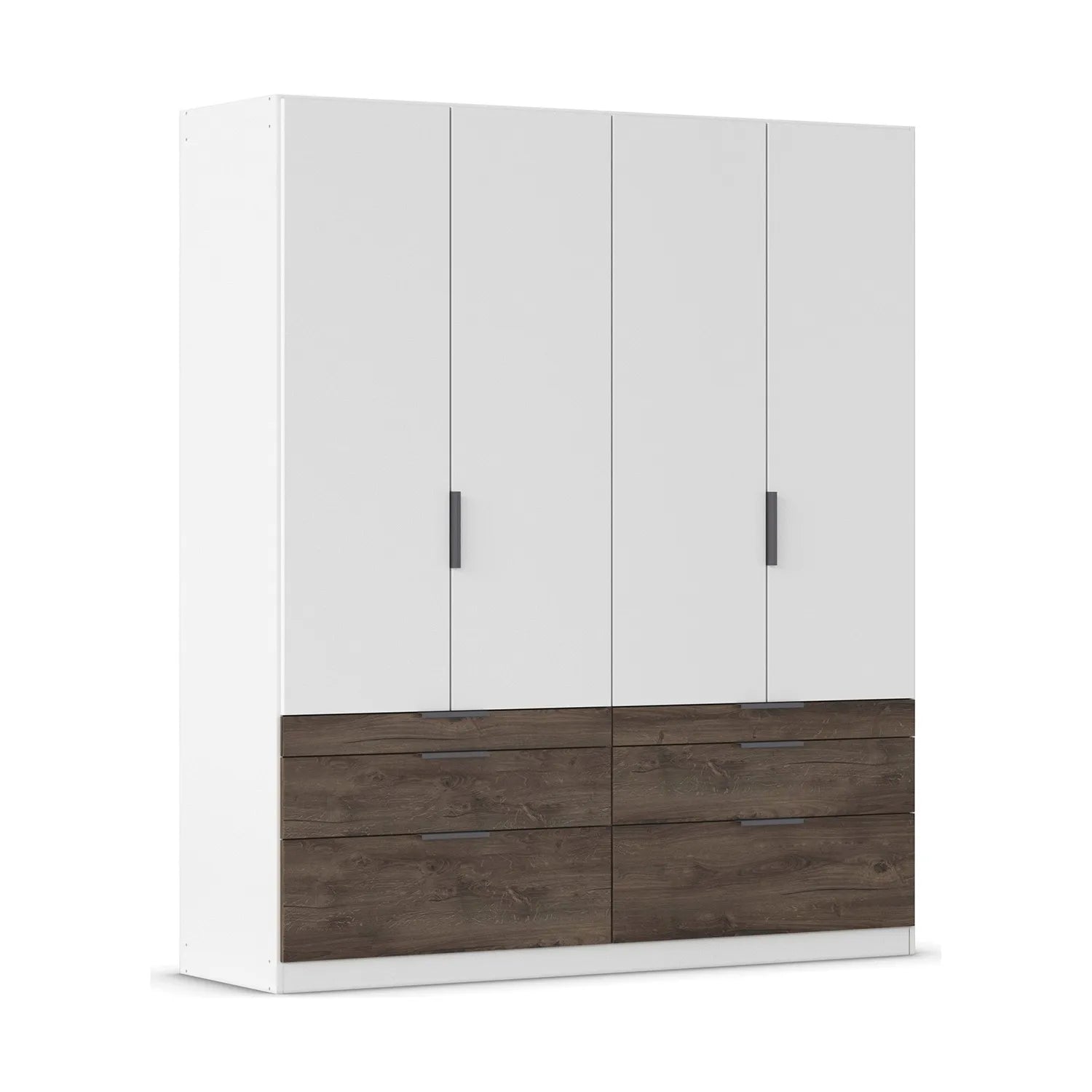White wardrobe with dark oak 6 drawer section on a white background