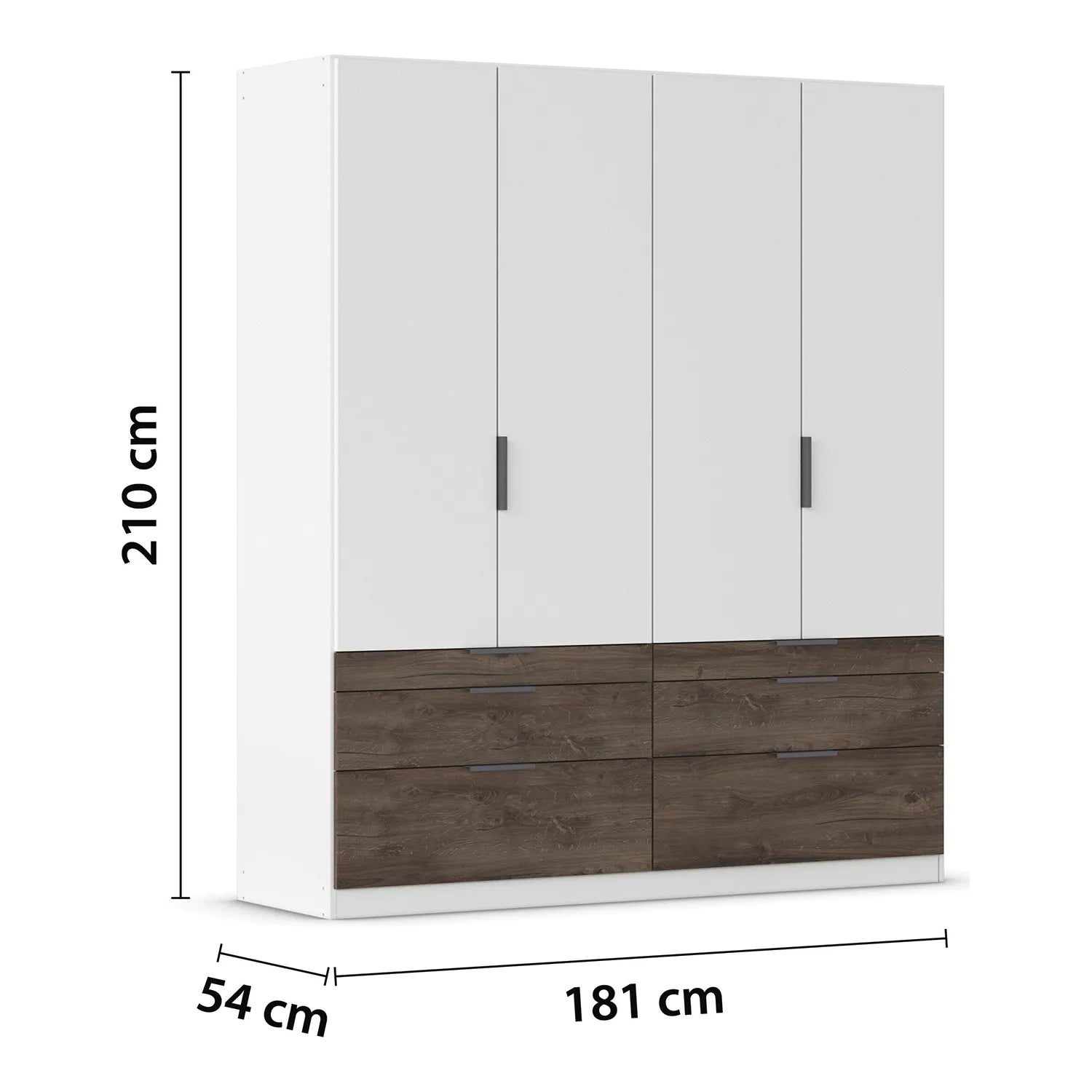 White wardrobe with wooden drawers and dimensions labeled on a white background