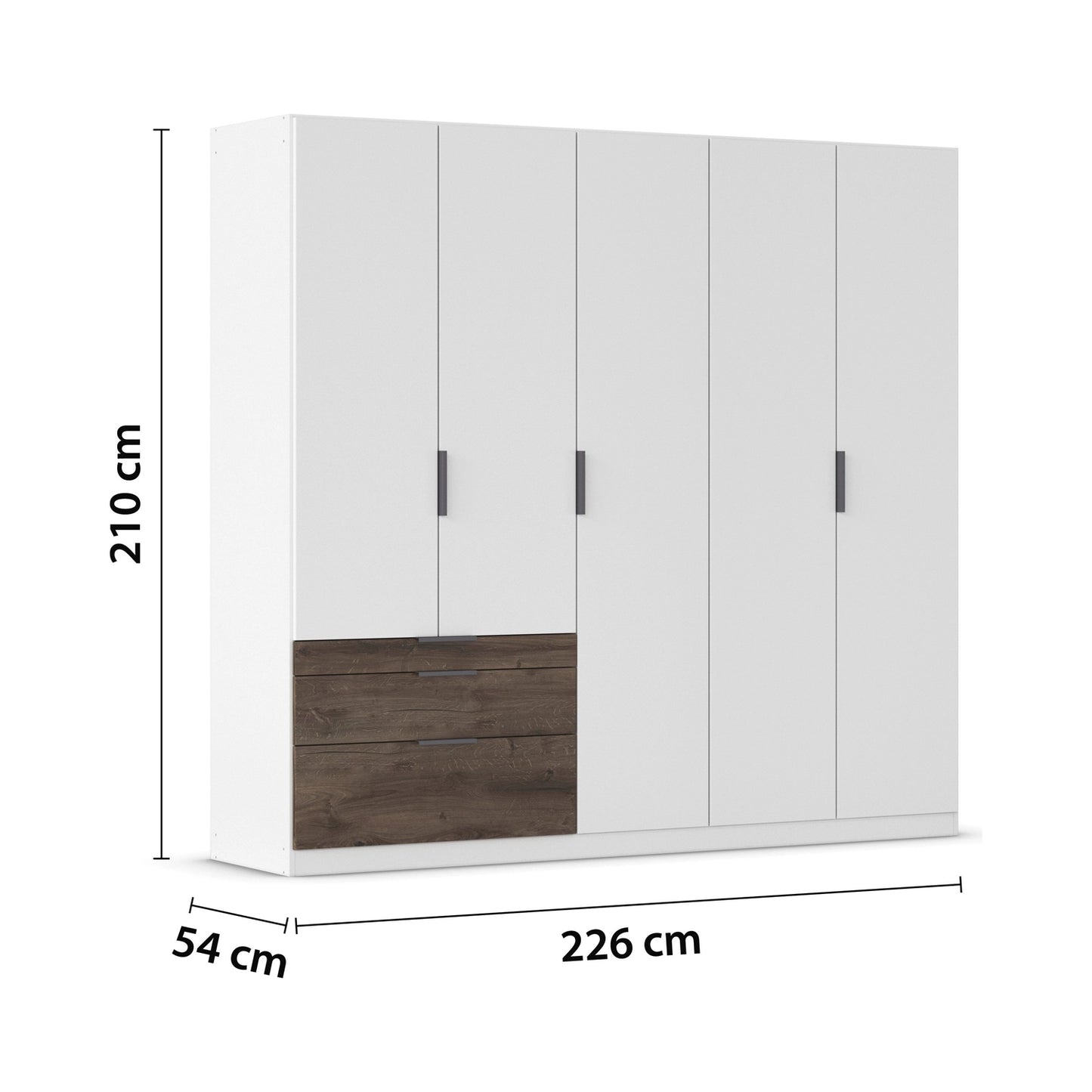 Kodi White 5 Door Wardrobe with 3 Drawers – W226cm - Dimensions