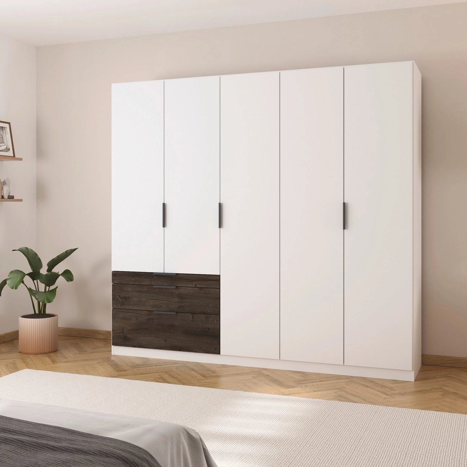 Kodi White 5 Door Wardrobe with 3 Drawers – W226cm - Styled in a Bedroom