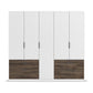 White wardrobe with dark oak drawers on a white background