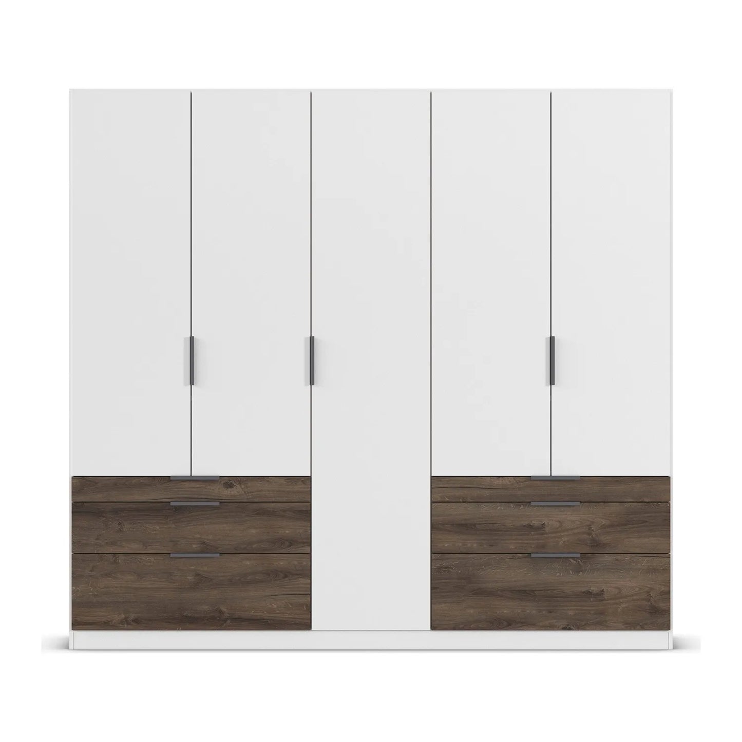 White wardrobe with dark oak drawers on a white background