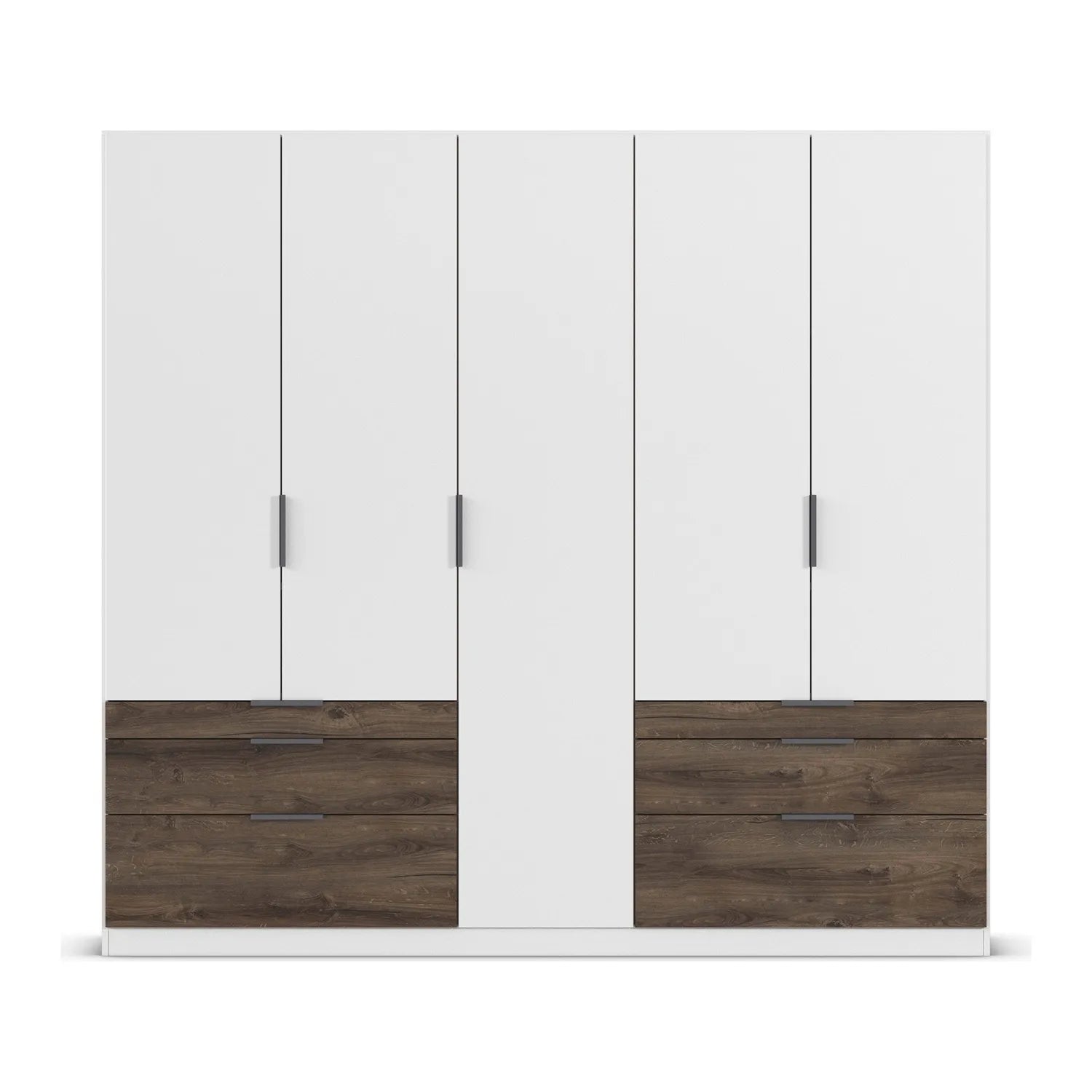 White wardrobe with dark oak drawers on a white background