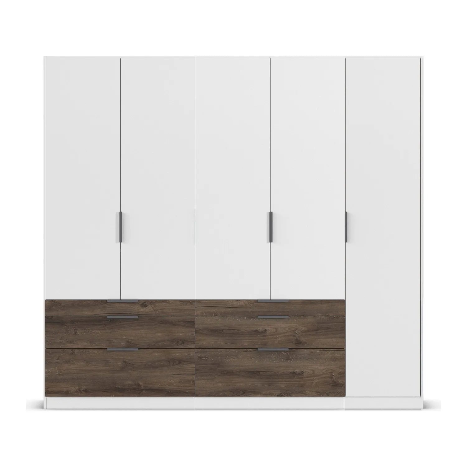 White wardrobe with wooden bottom section on a white background