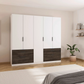 Kodi White wardrobe with wooden panels in a bedroom setting
