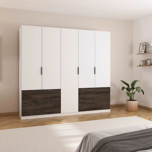 Kodi White wardrobe with wooden panels in a bedroom setting