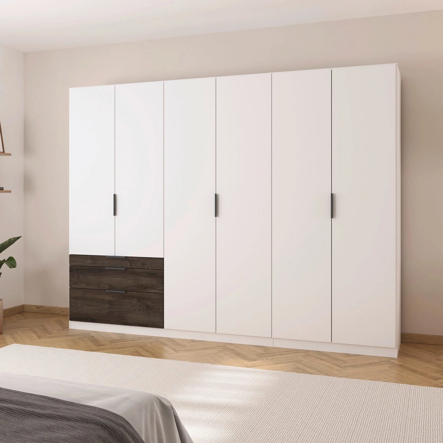 Kodi White 6 Door Wardrobe with 3 Drawers – W271cm - Styled in a Bedroom