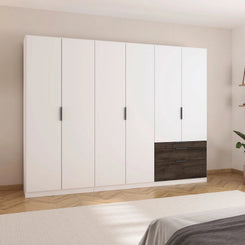 Kodi White 6 Door Wardrobe with 3 Drawers – W271cm - Styled in a Bedroom