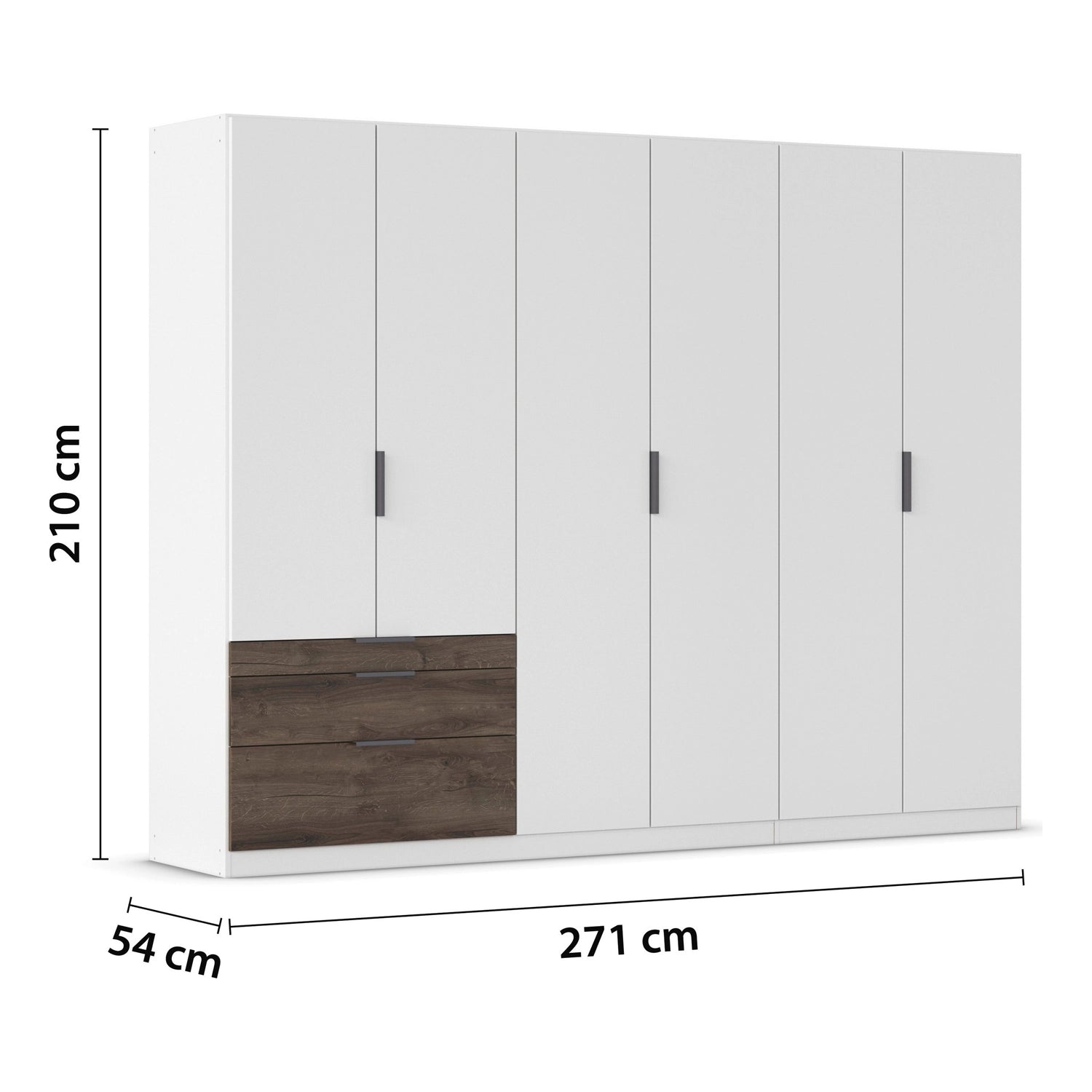 Kodi White 6 Door Wardrobe with 3 Drawers – W271cm - Dimensions