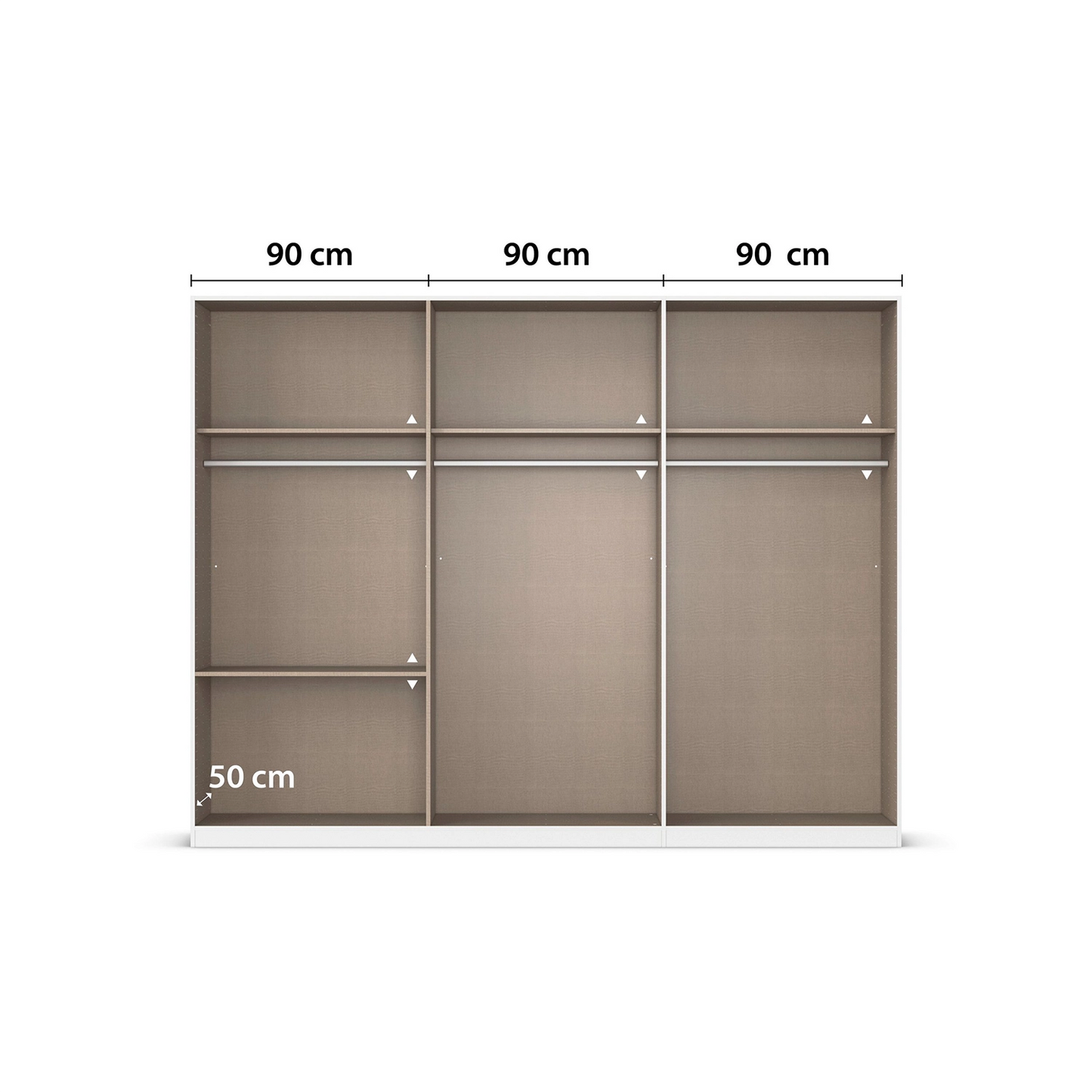 Kodi White 6 Door Wardrobe with 3 Drawers – W271cm - Interior with Dimensions - Closeup View