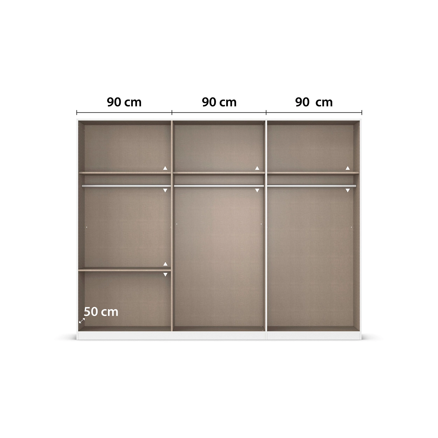 Kodi White 6 Door Wardrobe with 3 Drawers – W271cm - Interior with Dimensions - Closeup View
