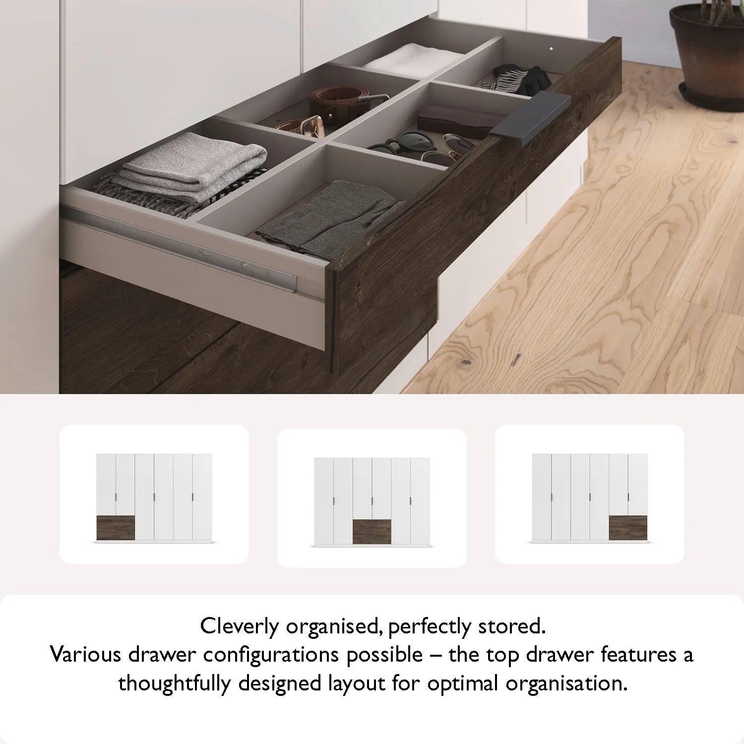 Wooden drawer with compartments on a wooden floor, with text indicating storage organization.