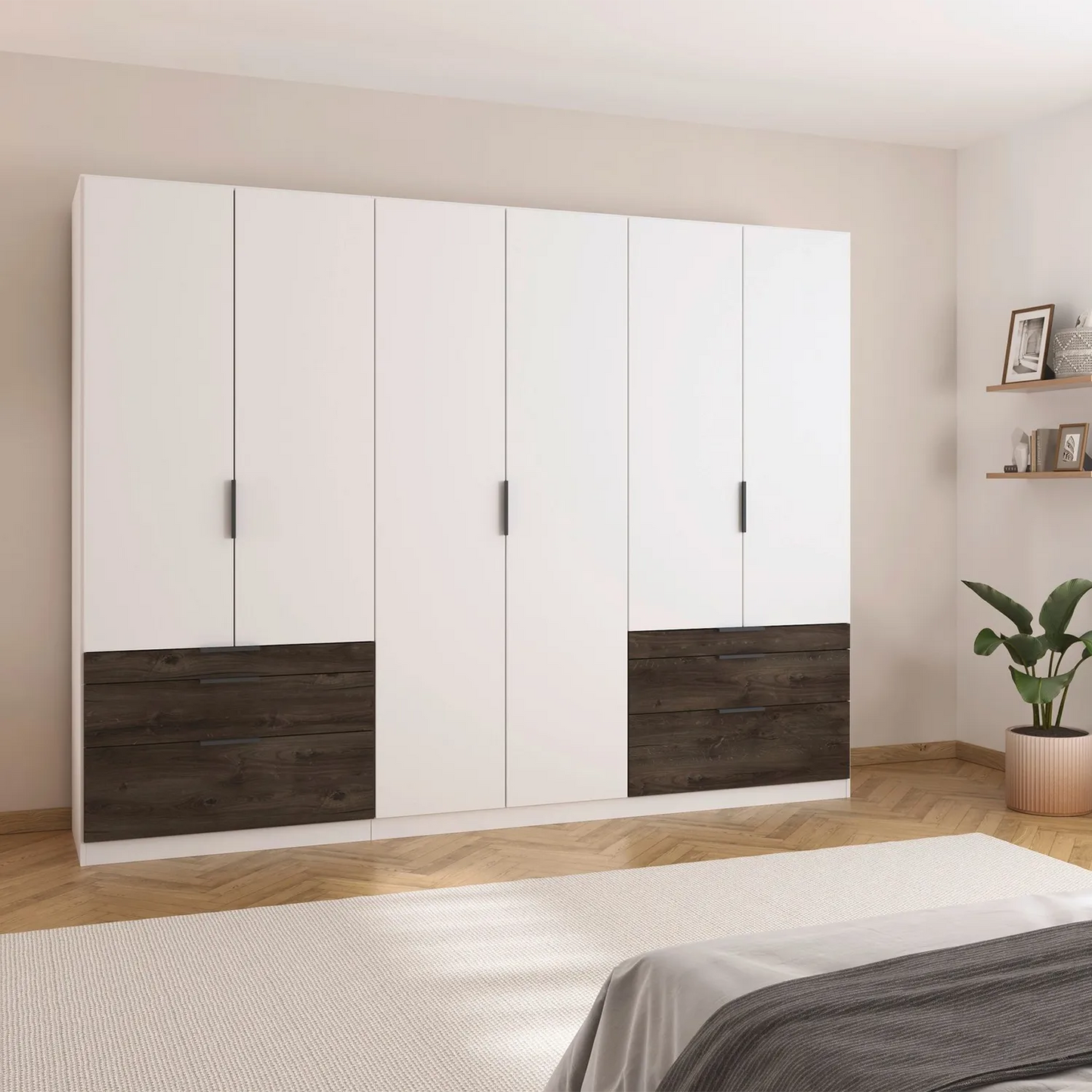 White wardrobe with dark wood accents in a bedroom setting