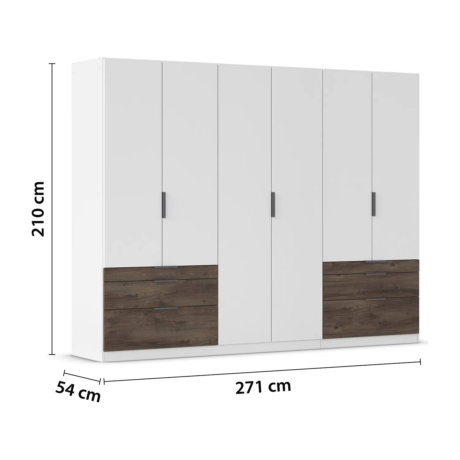 White wardrobe with wooden doors and dimensions on a white background