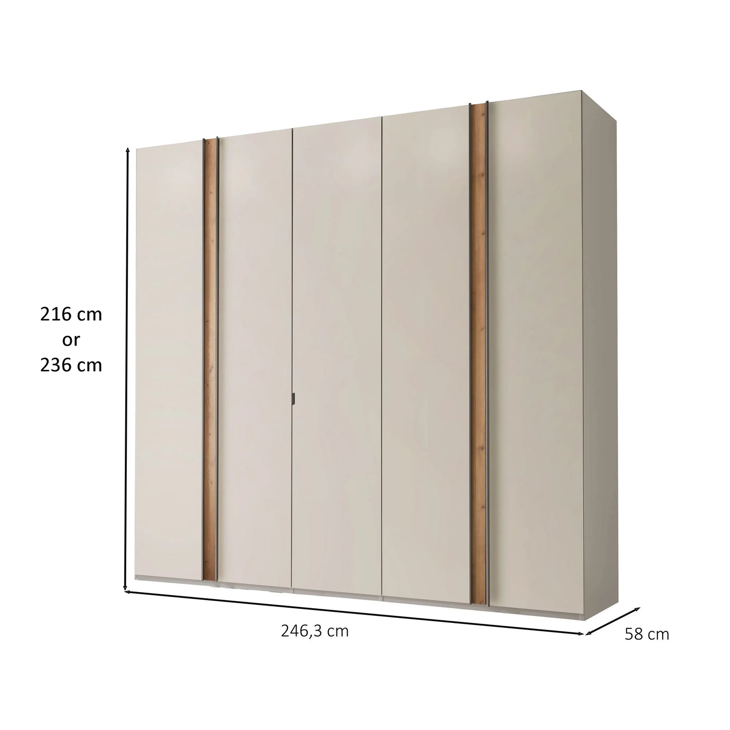 Laguna 250cm Champagne 5 Door Wardrobe in white background with Dimensions