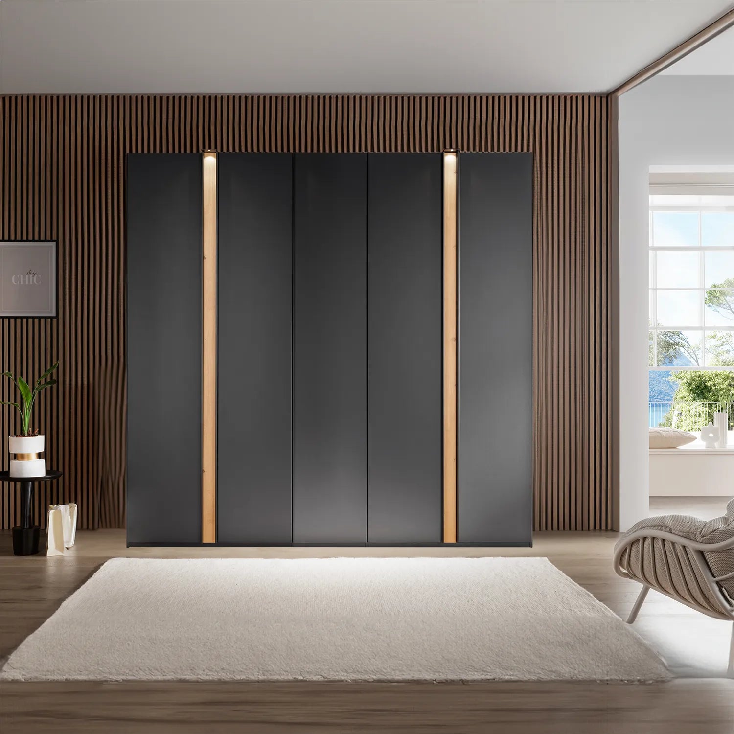 Wiemann Lagos 250cm Graphite 5 Door Wardrobe with Bianco Oak Panel  styled in a room