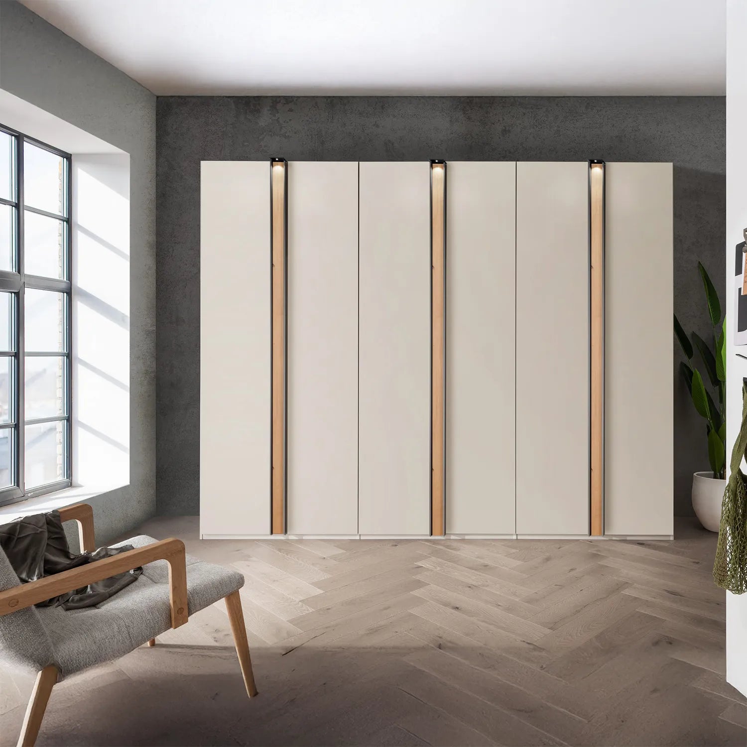 Wiemann Lagos 6 Door Hinged Wardrobe Width 300cm with Oak Panels and Light