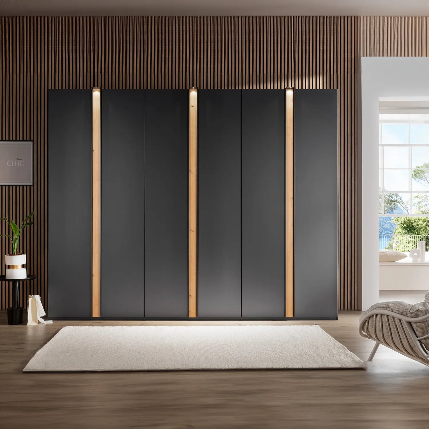 Wiemann Laguna 300cm Graphite 6 Door Wardrobe with Oak Panels and Lights