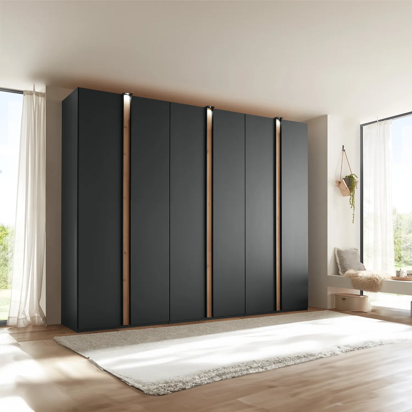 styled in a room Wiemann Laguna 300cm Graphite 6 Door Wardrobe with Oak Panels