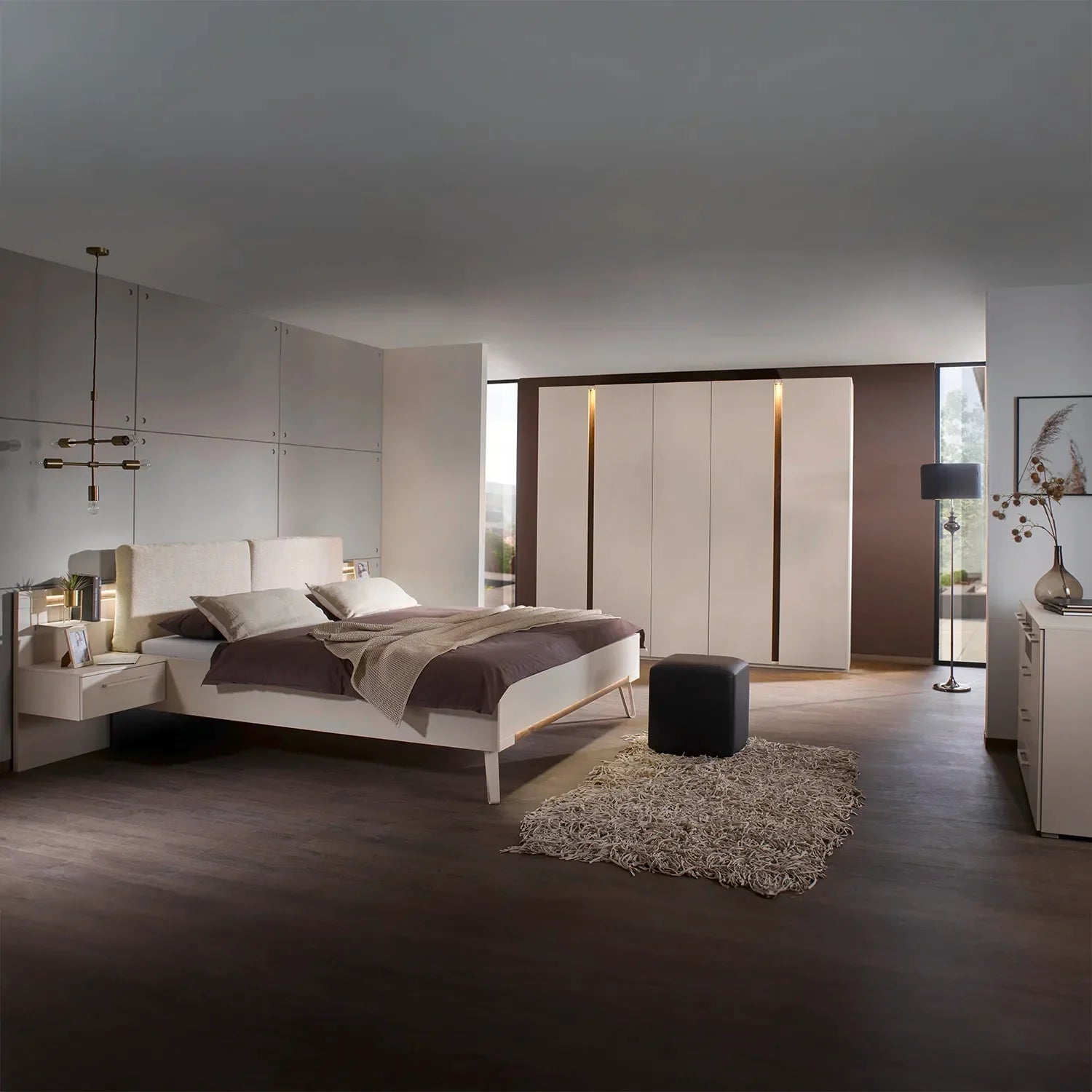 Larisa 251cm Champagne & Atlantic Oak Hinged 5 Door Wardrobe with Light styled in a Bedroom