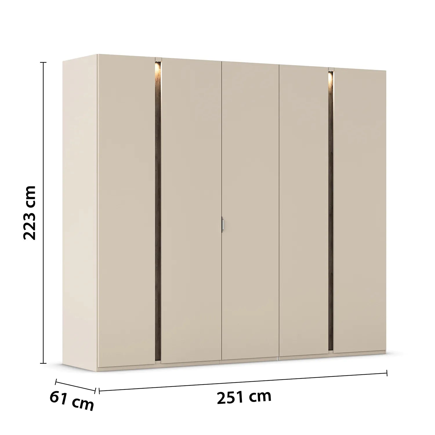 Rauch 5 Door Cream wardrobe with dimensions labeled on a white background