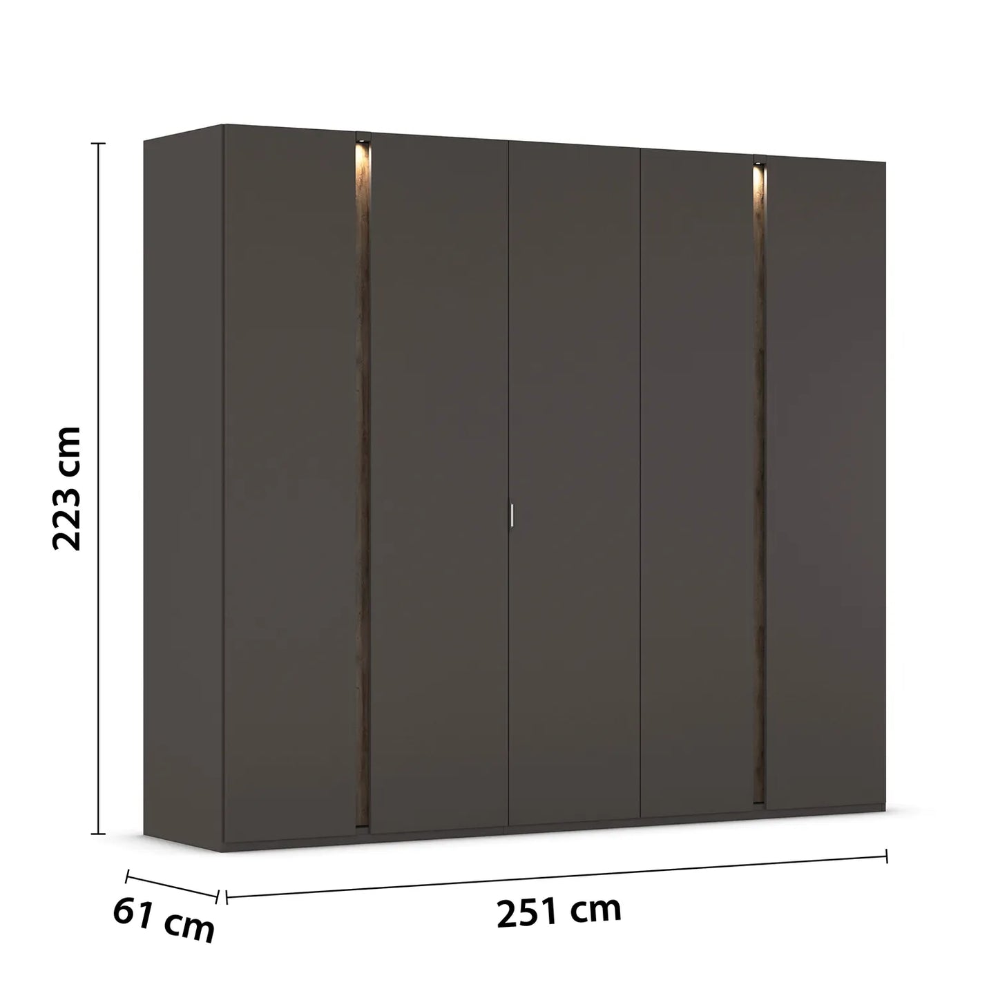 Dark gray wardrobe with dimensions indicated on a white background