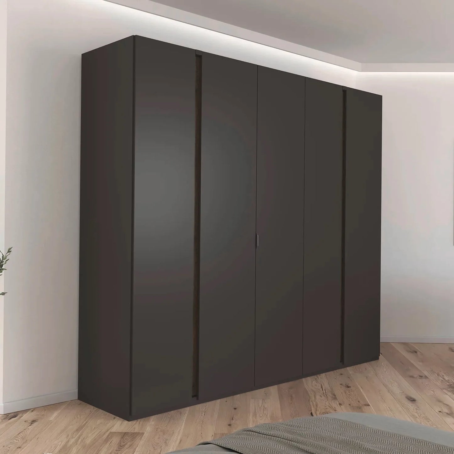 Larisa 251cm Graphite & Atlantic Oak Hinged 5 Door Wardrobe - Styled in a Room