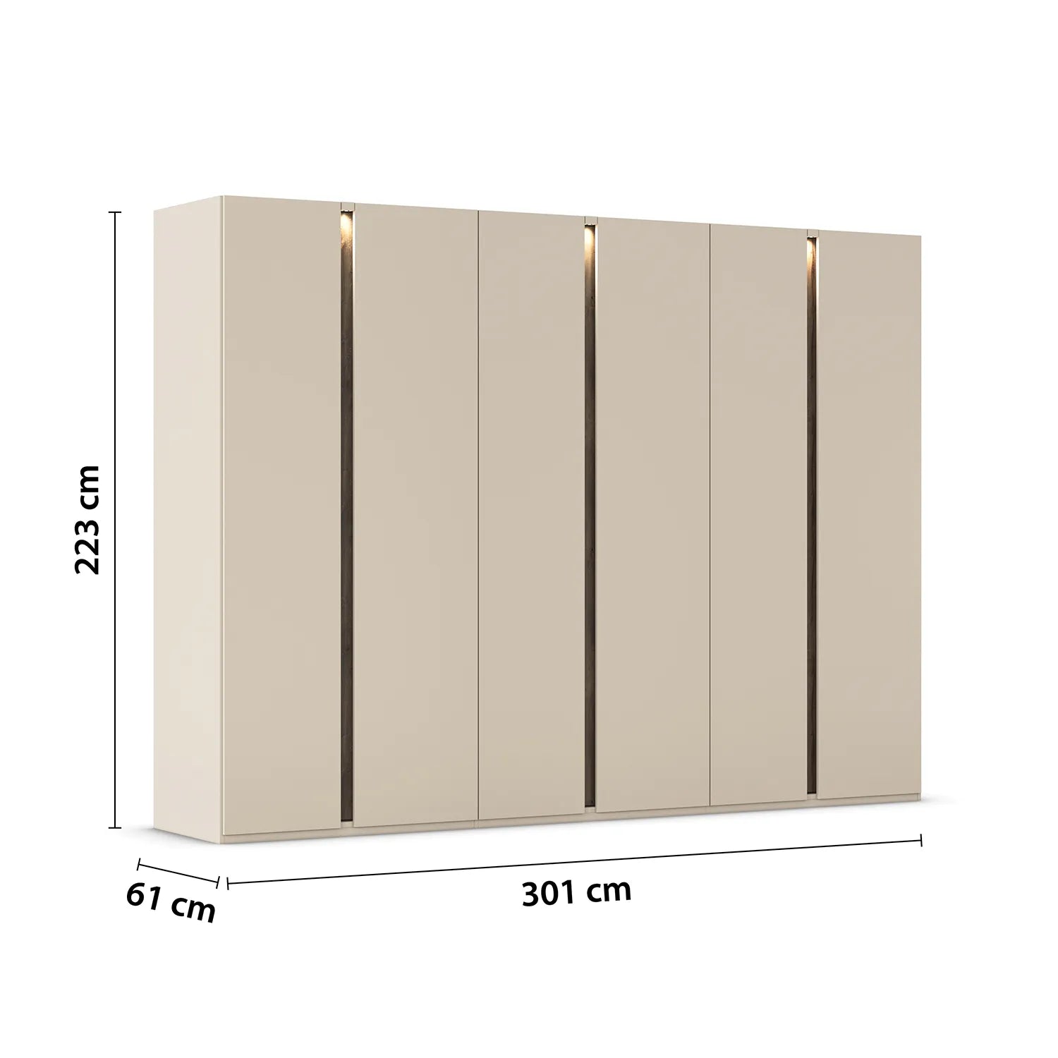 Larisa 301cm Champagne & Atlantic Oak Hinged 6 Door Wardrobe with dimensions labeled on a white background