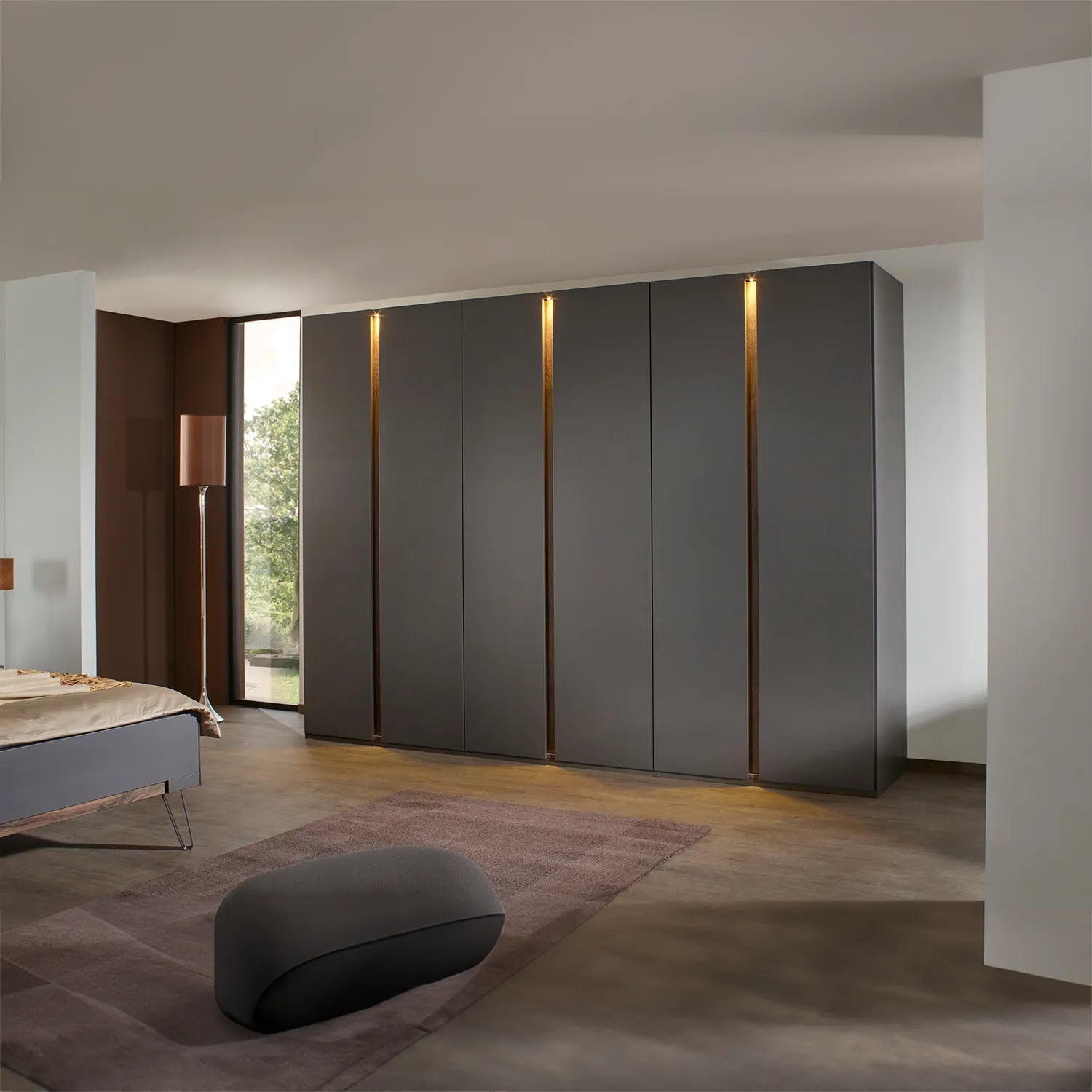 Larisa 301cm Graphite & Atlantic Oak Hinged 6 Door Wardrobe - Styled in a Bedroom