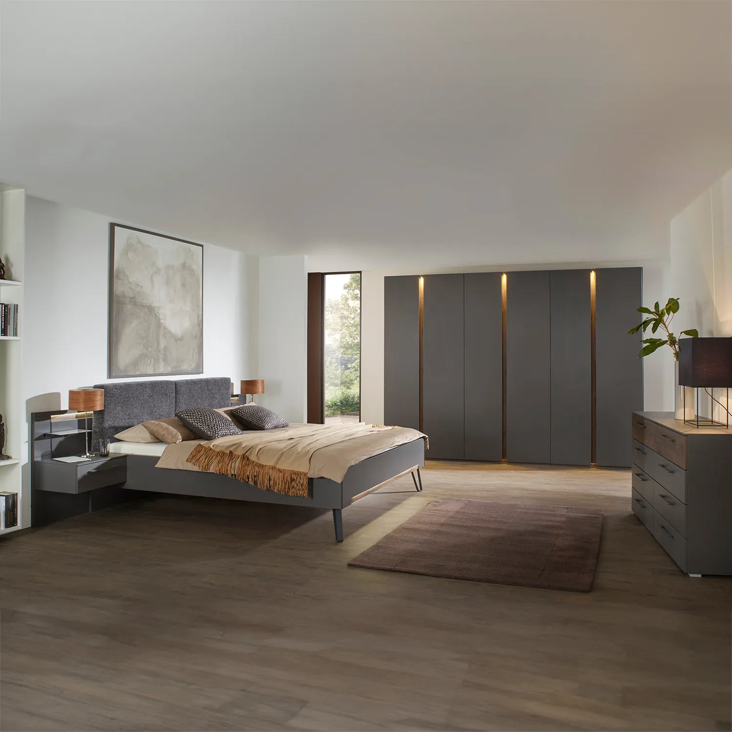 Larisa 301cm Graphite & Atlantic Oak Hinged 6 Door Wardrobe - Styled in a room