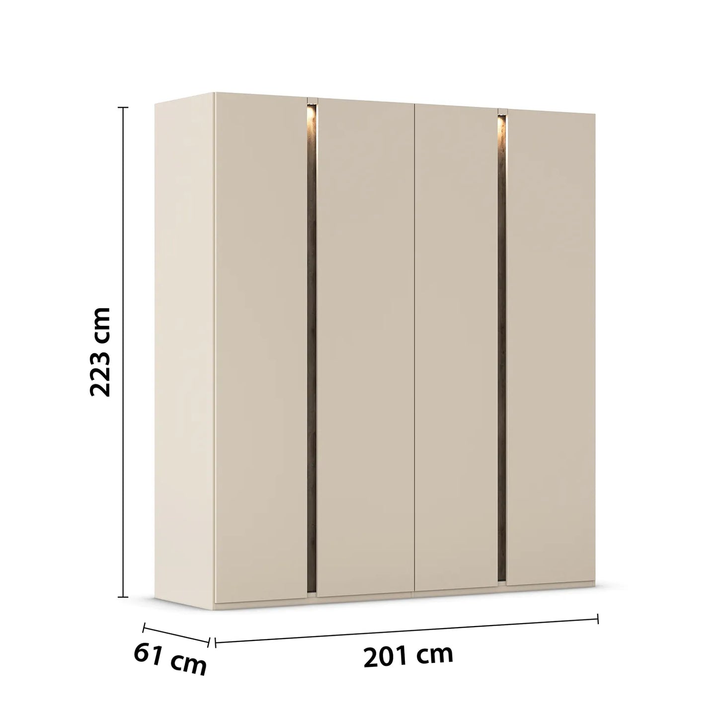 Champagne wardrobe with dimensions indicated on a white background
