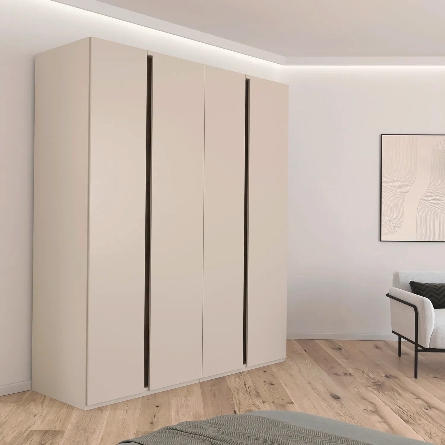 Larisa Champagne & Atlantic Oak Hinged 4 Door Wardrobe styled in a room