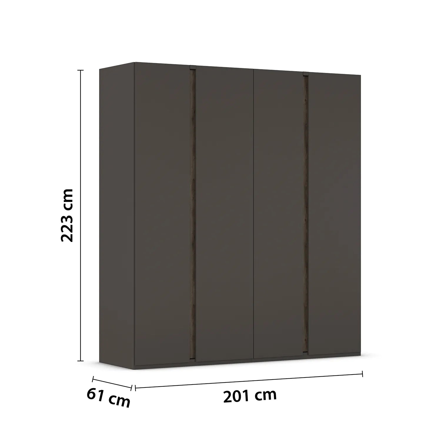 Dark gray wardrobe with dimensions labeled on a white background