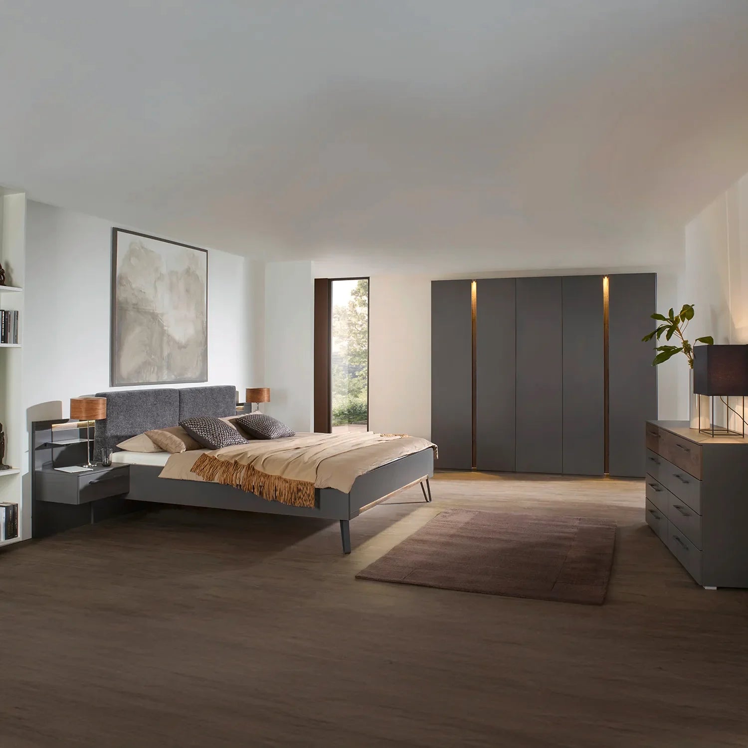 Larisa 251cm Graphite & Atlantic Oak Hinged 5 Door Wardrobe - Styled in a room
