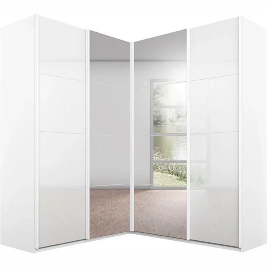 Lema 181cm 4 Door Corner Sliding Wardrobe with 2 Glass Doors and 2 Mirror Doors