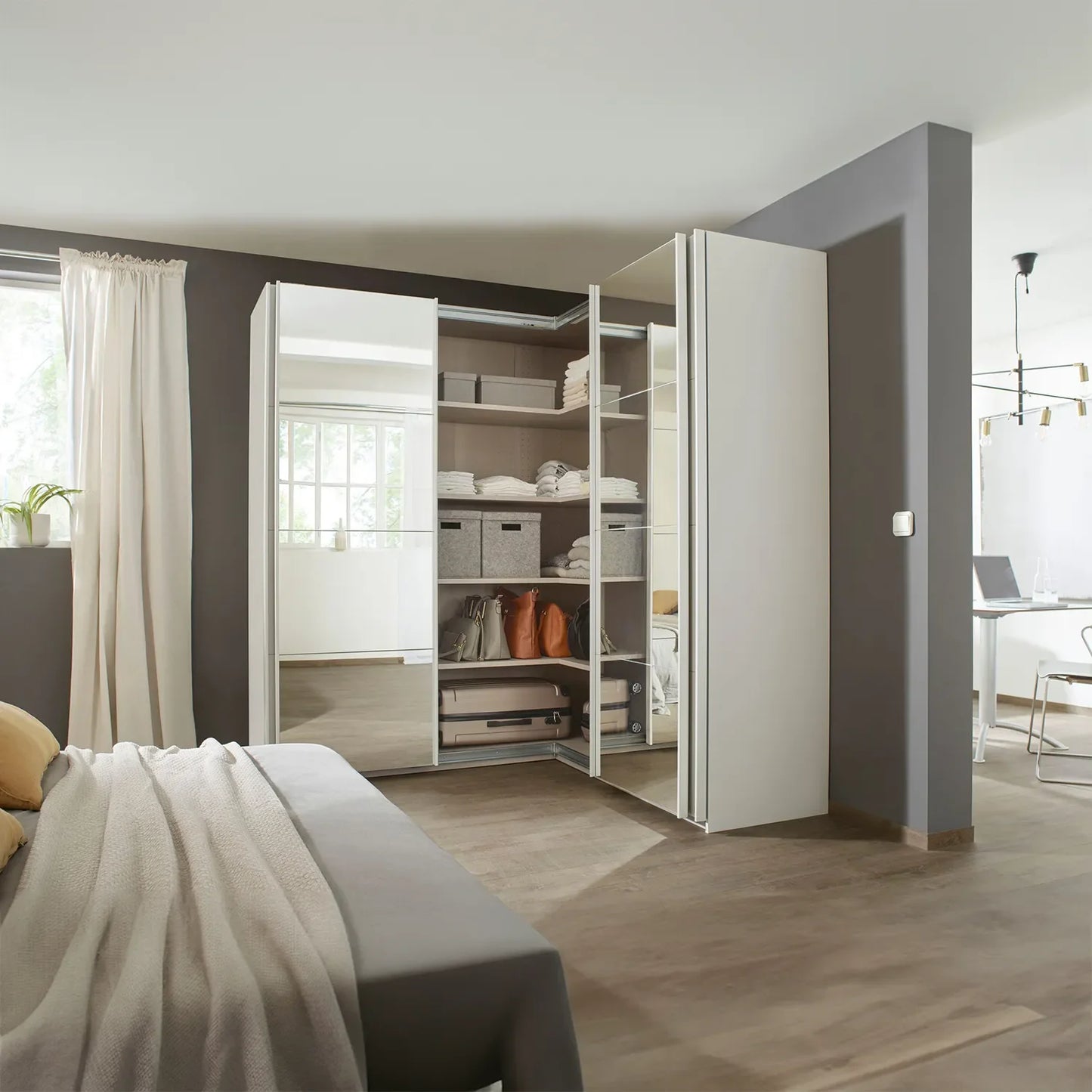 Lema 181cm 4 Door Corner Sliding Wardrobe with 2 Glass Doors and 2 Mirror Doors - Styled in a Bedroom