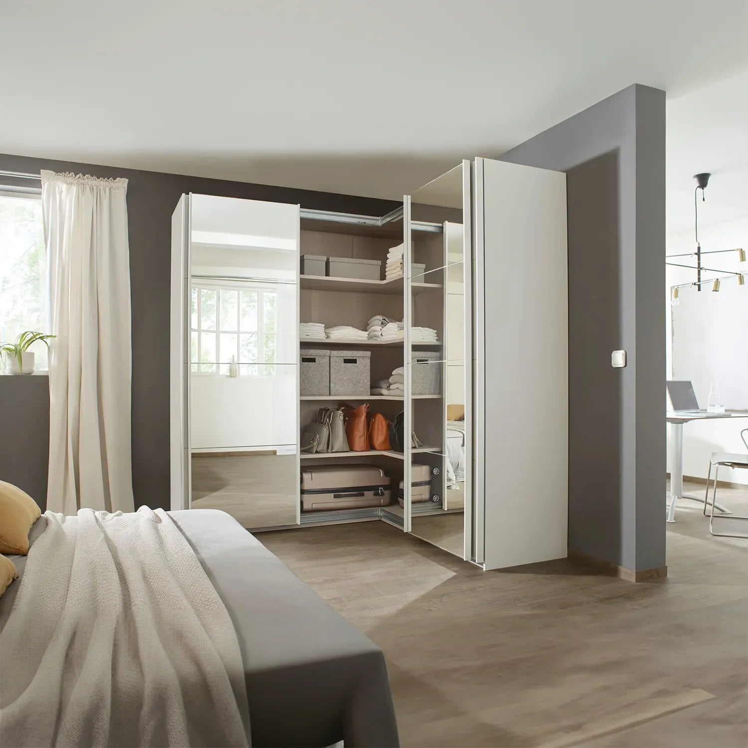 Lema 181cm 4 Door Corner Sliding Wardrobe with 2 Glass Doors and 2 Mirror Doors - Styled in a Bedroom