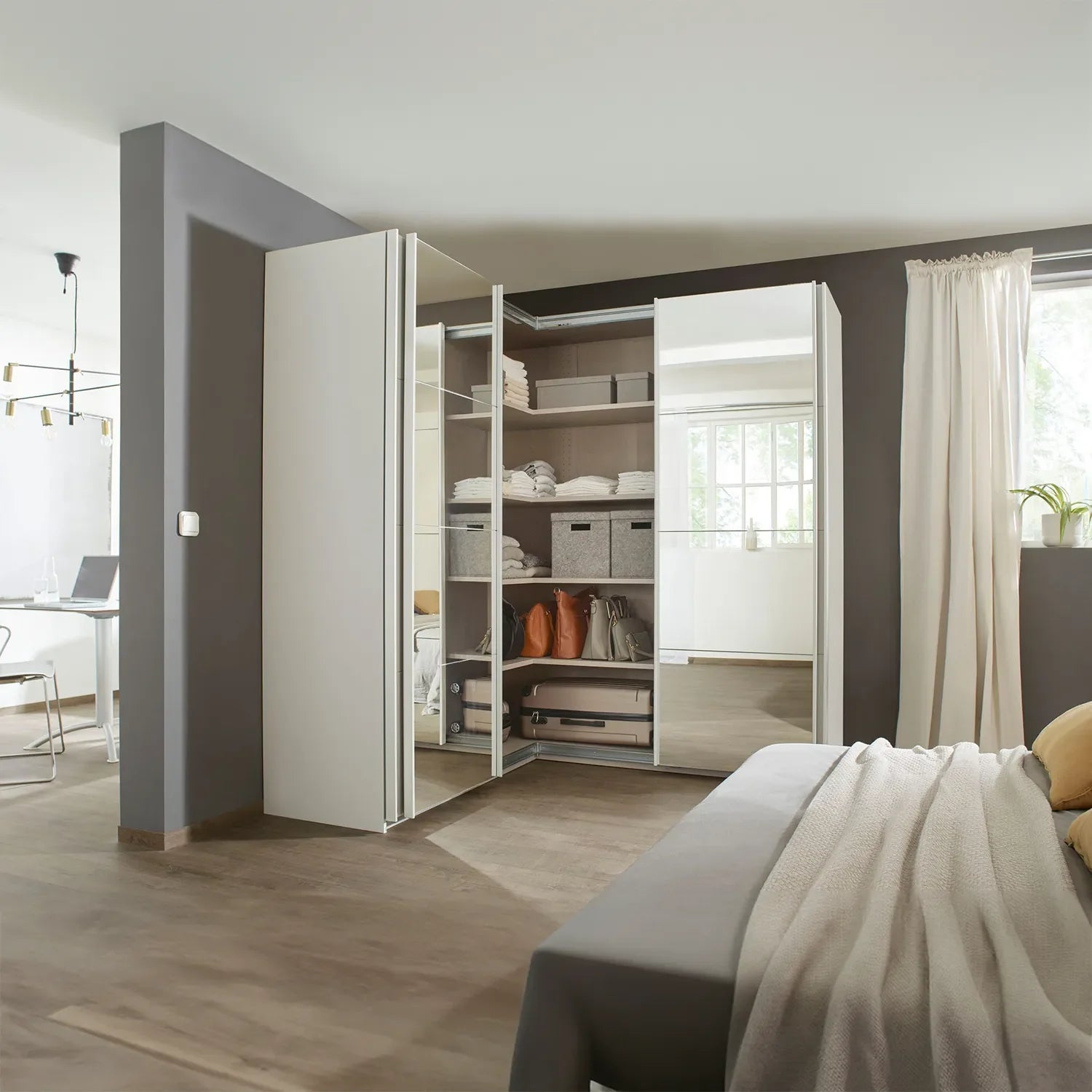 Lema Decor White 4 Door Sliding Corner Wardrobe - Styled in a Bedroom