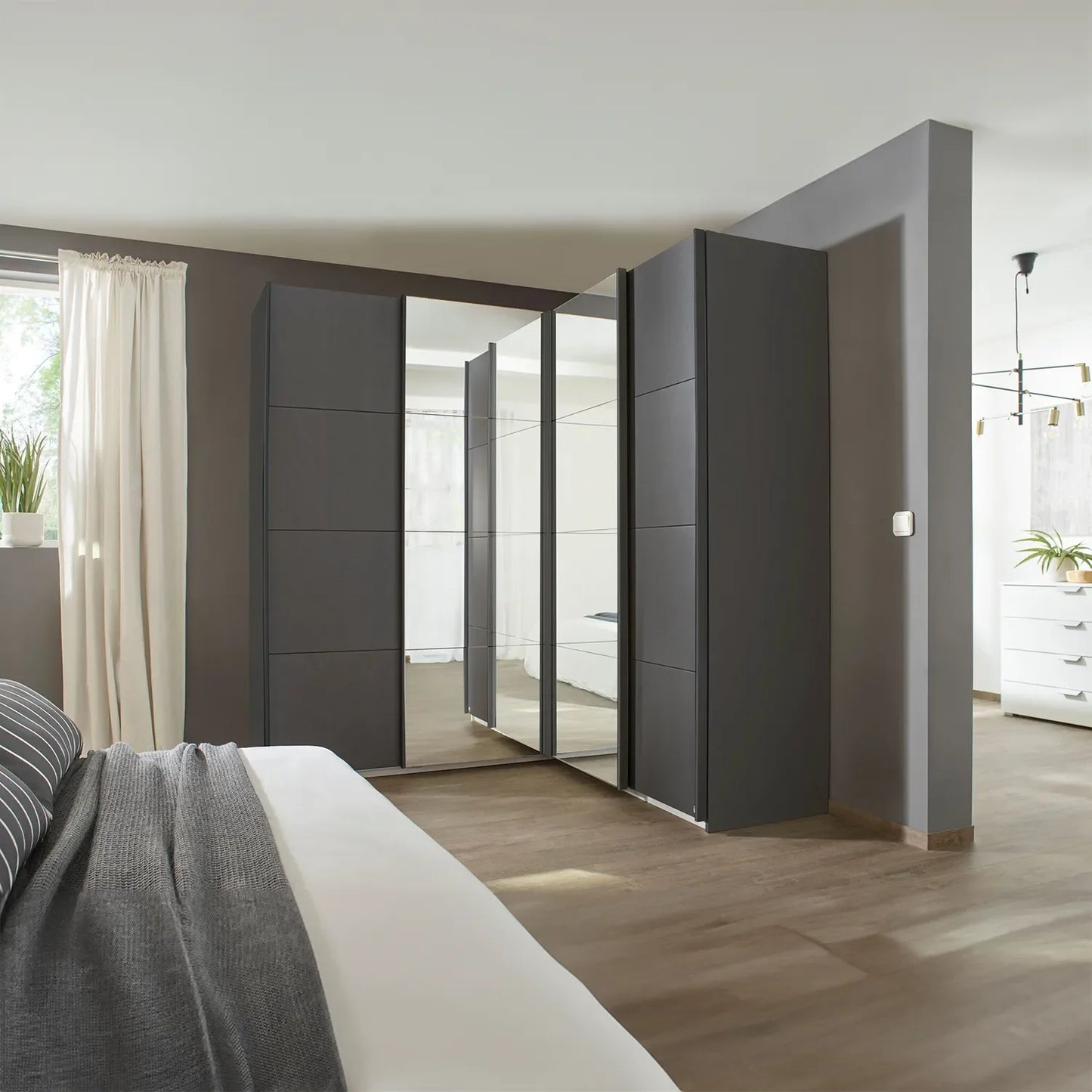 Lema Metallic Grey Corner Sliding Wardrobe - Styled in a Bedroom