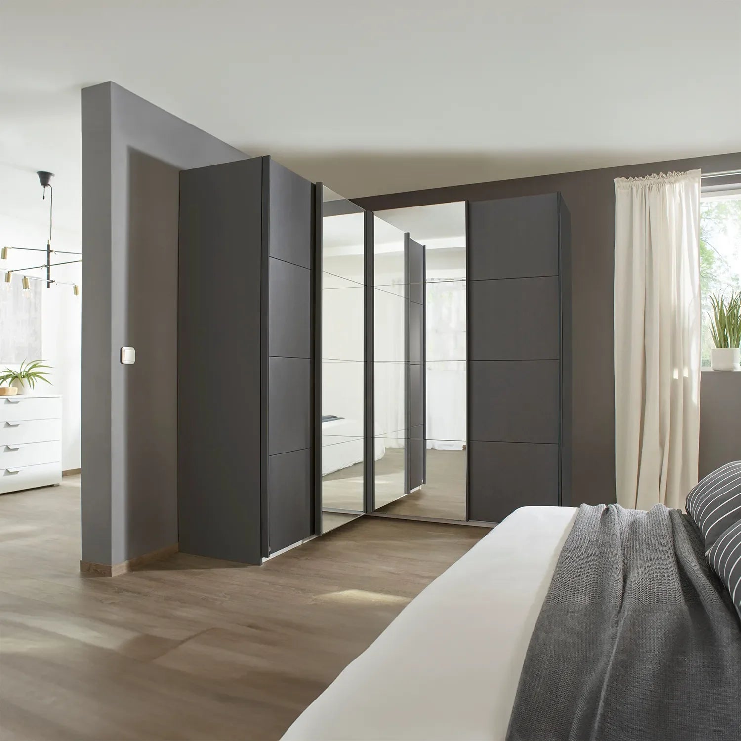 Lema Metallic Grey Corner Sliding Wardrobe - Styled in a Bedroom