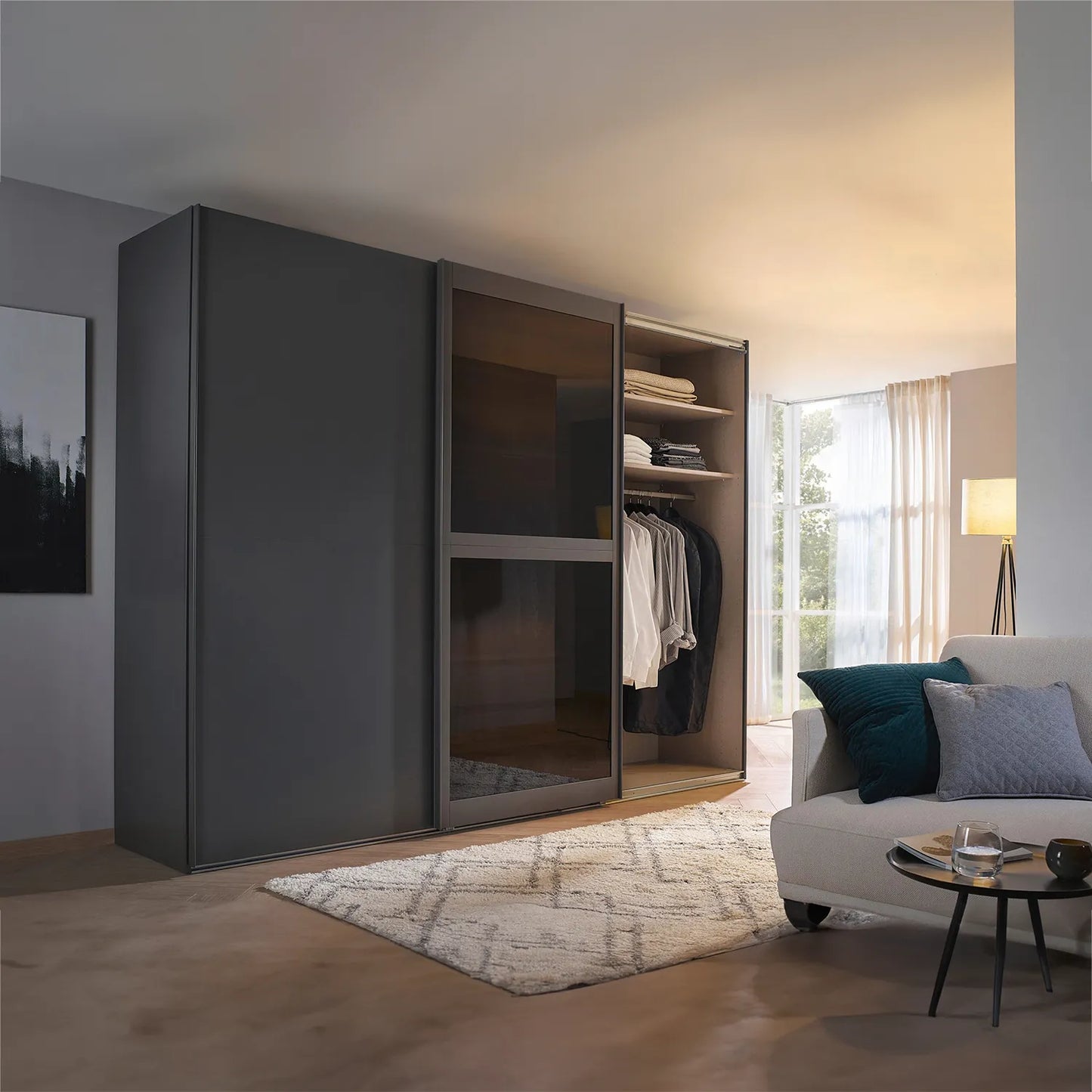 Lumis Graphite 3 Door Sliding Wardrobe with Transparent Glass - One Open Door