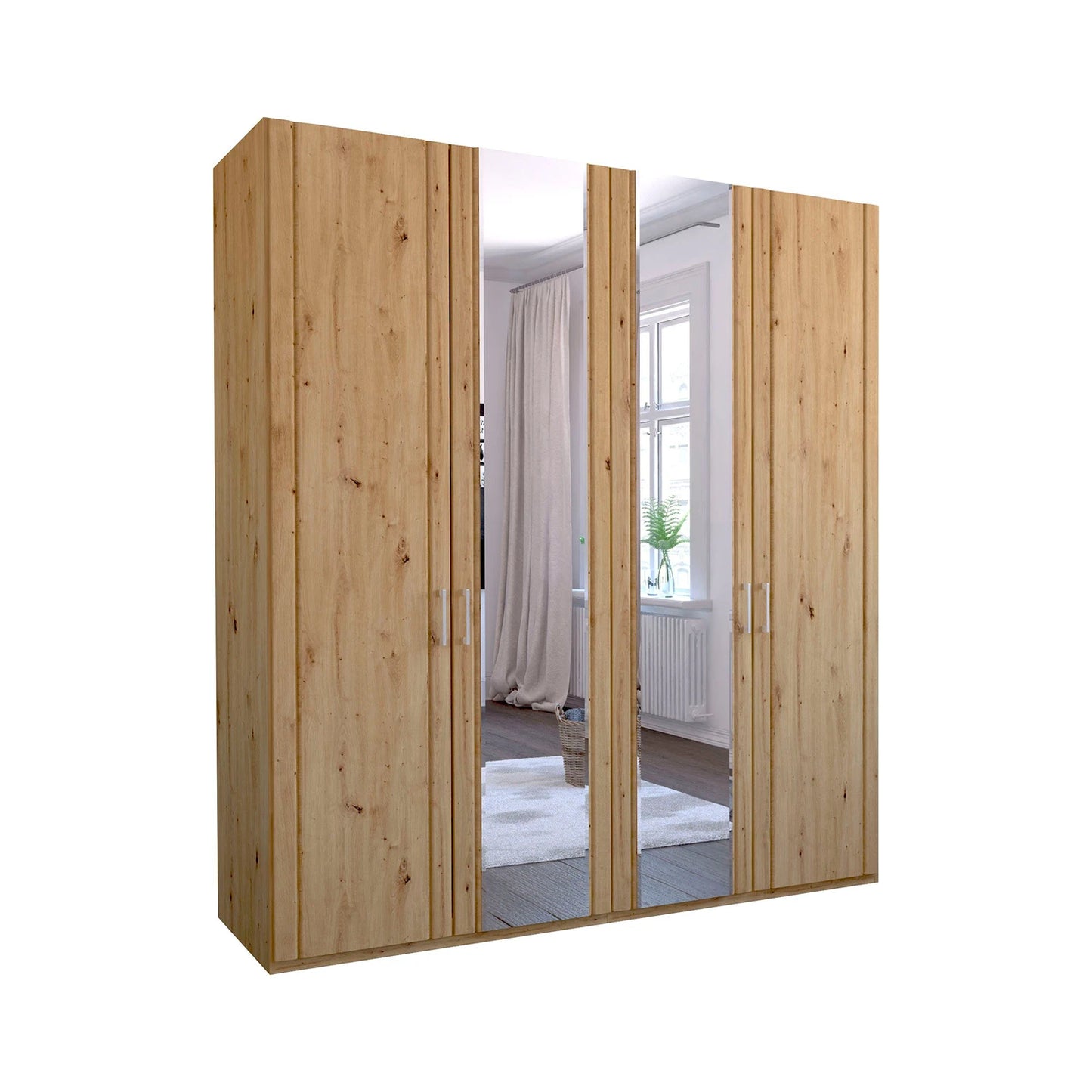 Brixton Oak Effect 4 Door Mirrored Wardrobe 200cm