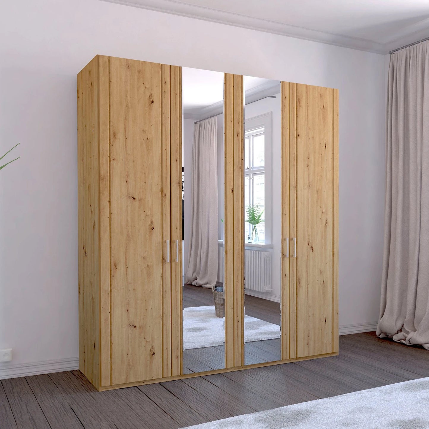 Brixton oak effect 4 door mirrored wardrobe with soft-close doors and adjustable shelving. Free delivery & assembly.