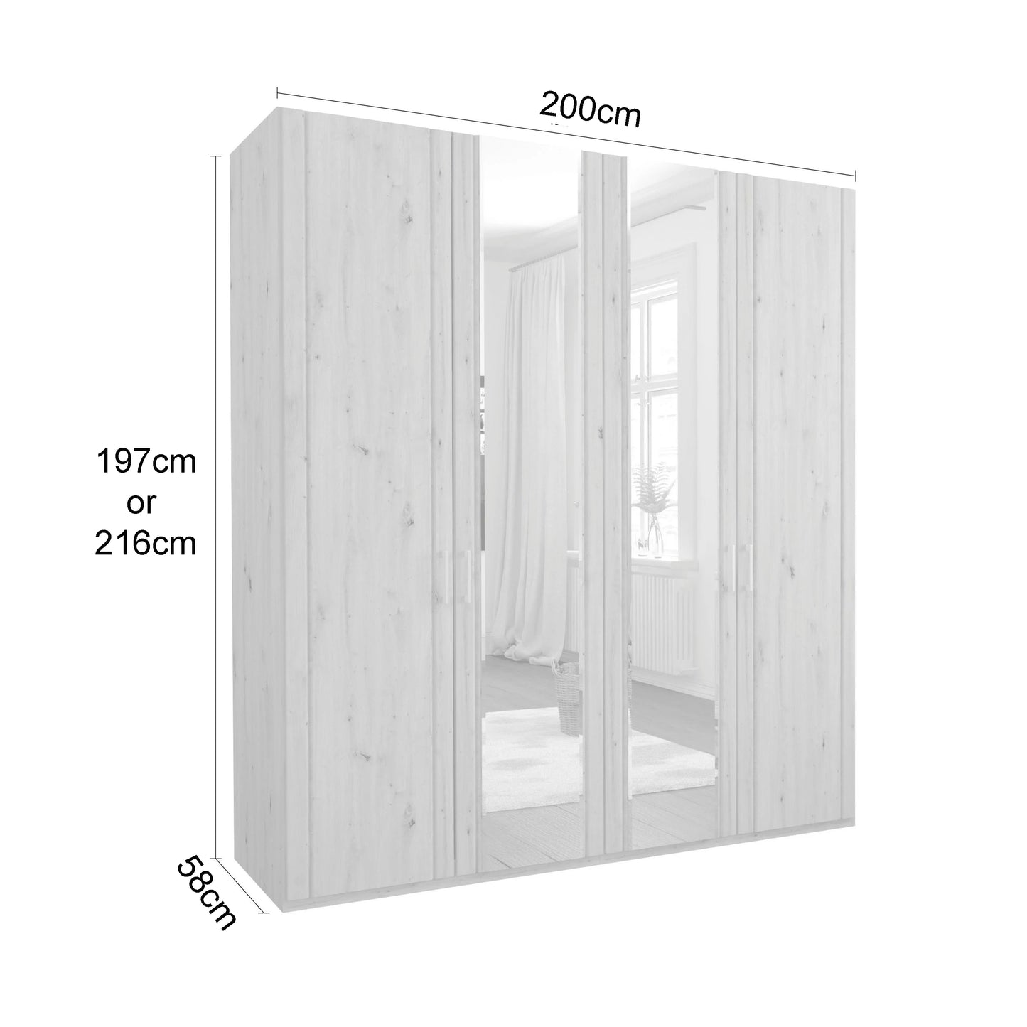 Bianco oak wardrobe with centre mirror doors - Dimensions
