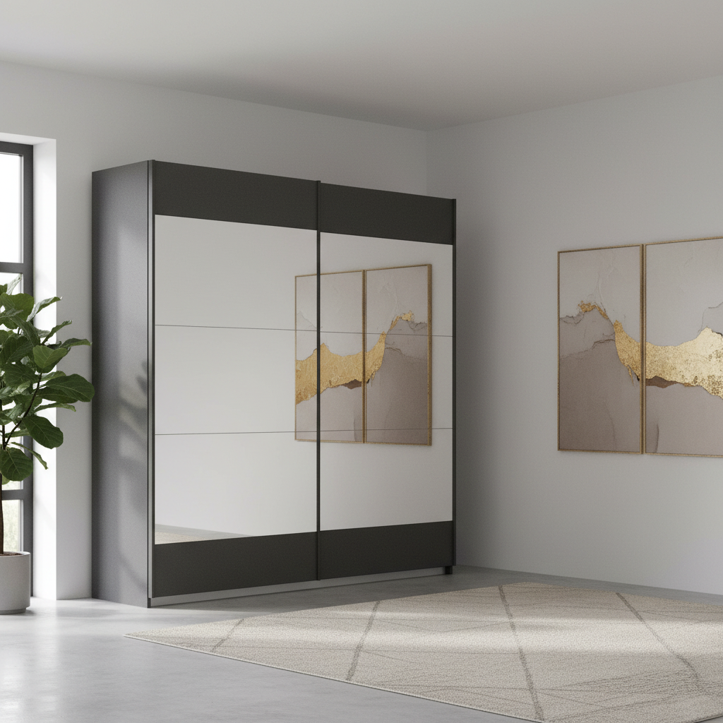Rauch Malibu Sliding Door Wardrobe in Graphite with Mirror , Quick Delivery